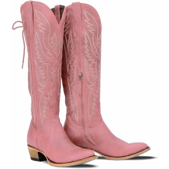 Shoes - Women's Pink Over the Knee Cowboy Boots Adjustable Thigh High Cowgirl Boots